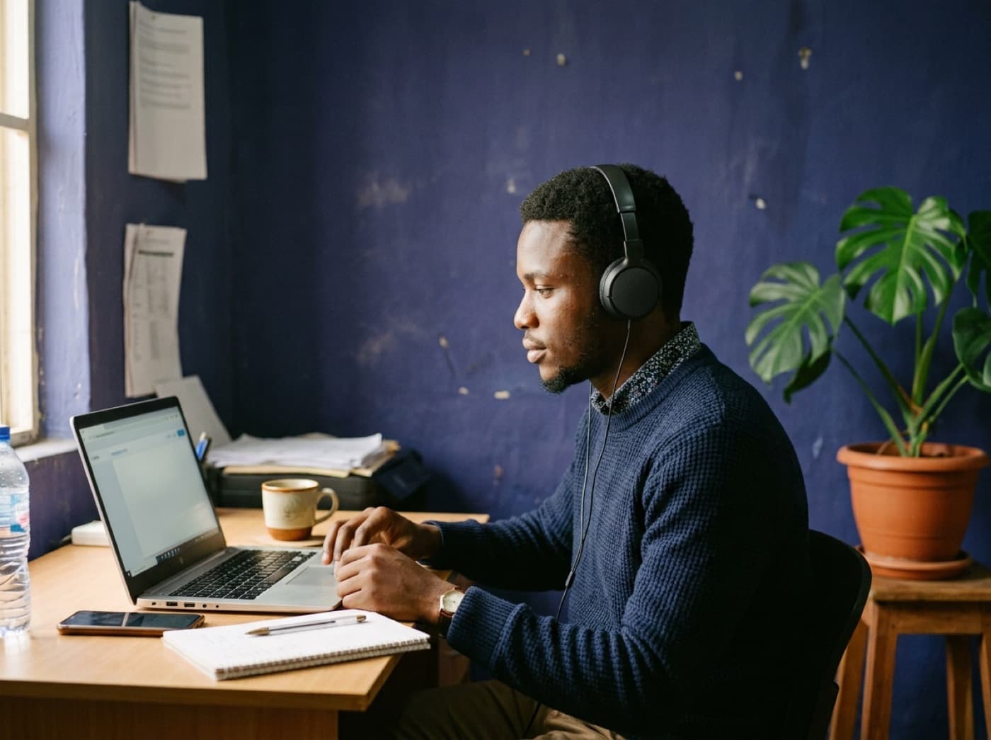 A support agent with headphones works at a laptop against an indigo wall