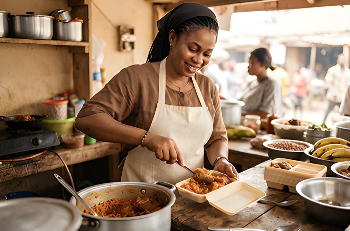 A food seller dishes jollof rice into takeaway packs at her stall
