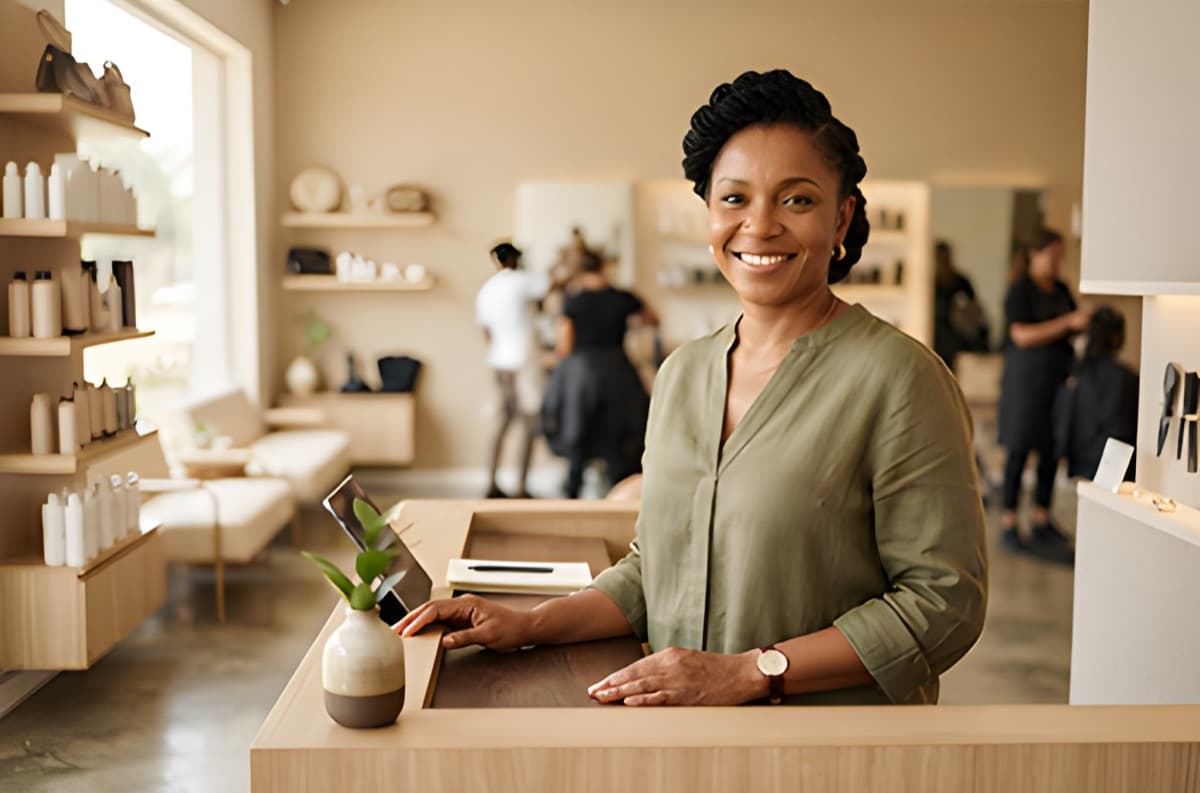 A salon owner smiles from behind her front desk